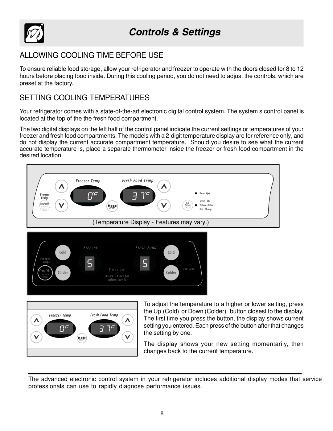 Frigidaire FRS6L7EES5, FRS6L7EES1, FRS6B5EEW1, FRS6B5EEQ1 manual Controls & Settings, Allowing Cooling Time Before USE 