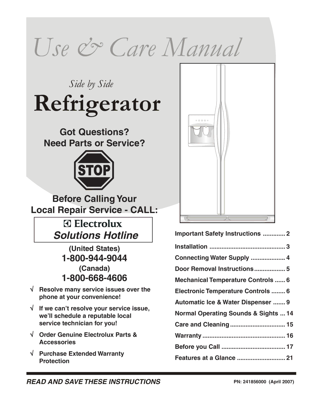 Frigidaire FRS6R3JW4 important safety instructions Use & Care Manual, PN 241856000 April 