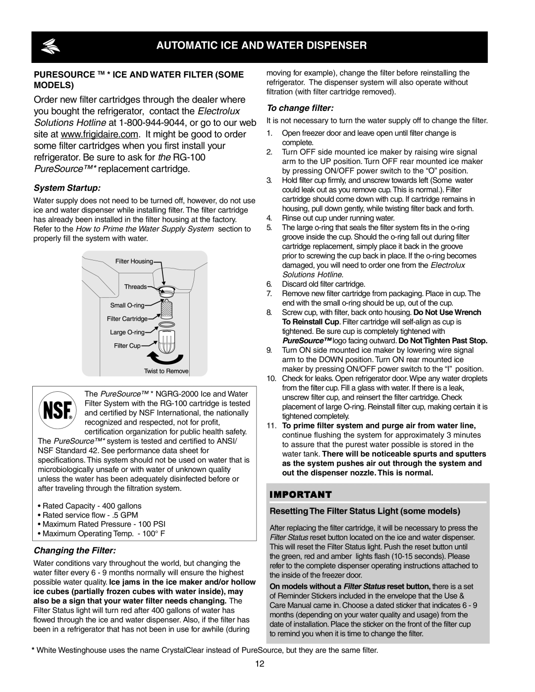 Frigidaire FRS6R3JW4 important safety instructions Puresource TM * ICE and Water Filter Some Models, System Startup 