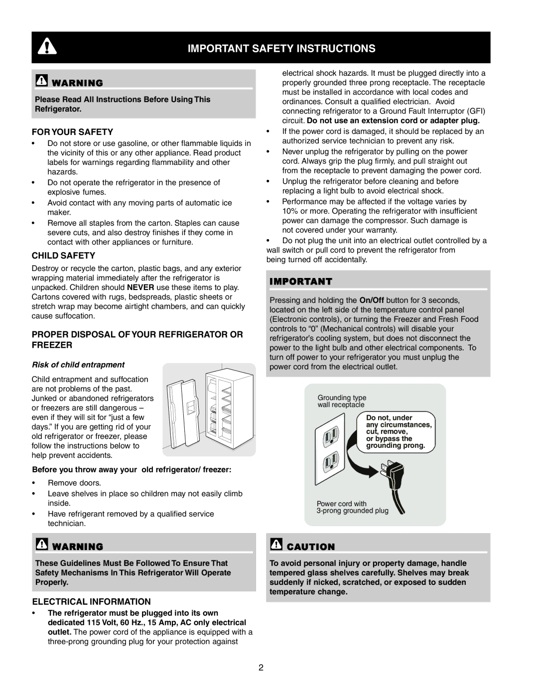 Frigidaire FRS6R3JW4 Important Safety Instructions, For Your Safety, Child Safety, Electrical Information 