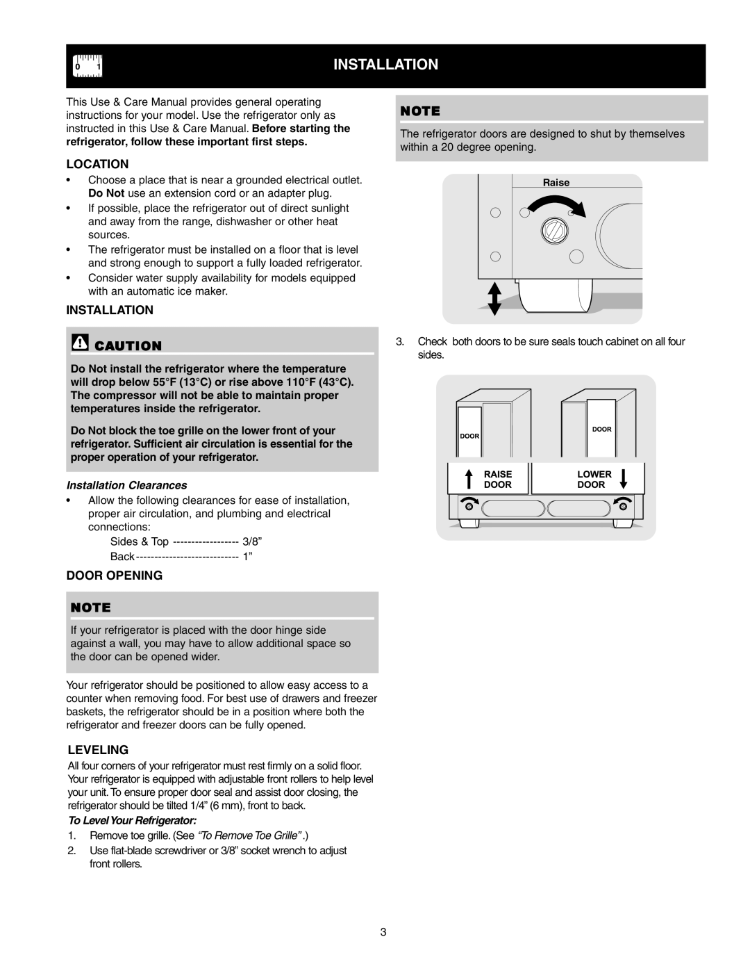 Frigidaire FRS6R3JW4 important safety instructions Installation, Location, Door Opening, Leveling 