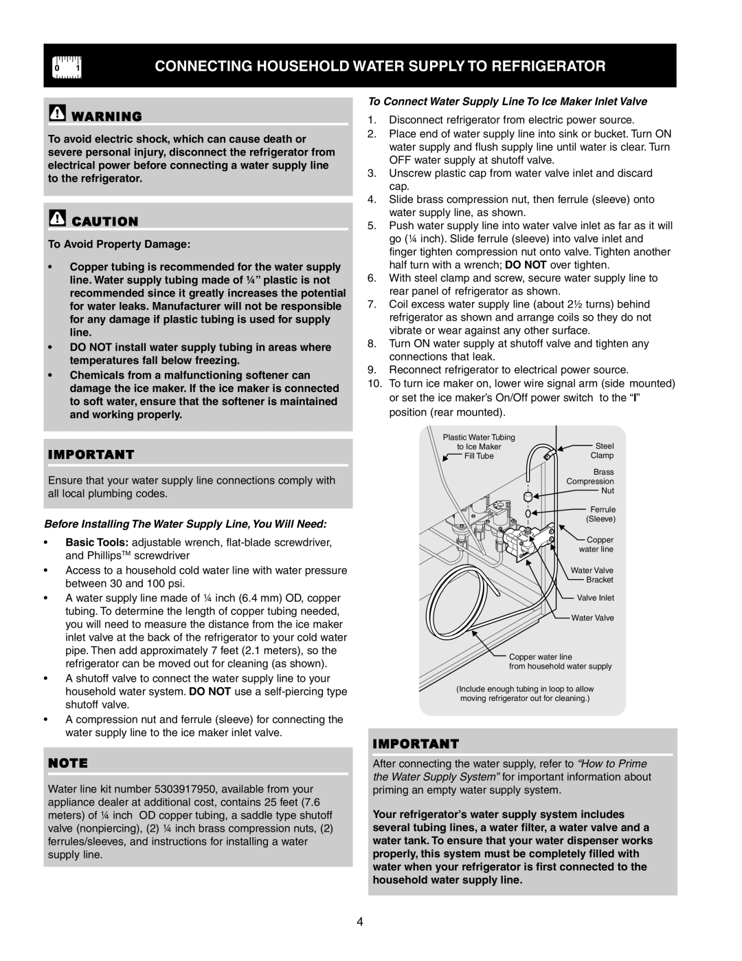 Frigidaire FRS6R3JW4 important safety instructions Connecting Household Water Supply to Refrigerator 