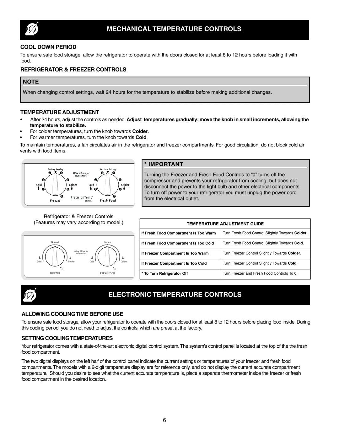 Frigidaire FRS6R3JW4 important safety instructions Mechanical Temperature Controls, Electronic Temperature Controls 