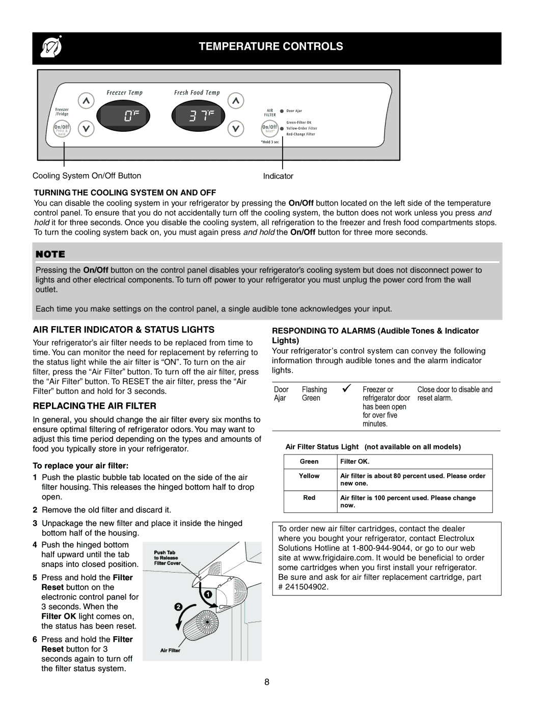 Frigidaire FRS6R3JW4 Temperature Controls, AIR Filter Indicator & Status Lights, Replacing the AIR Filter 