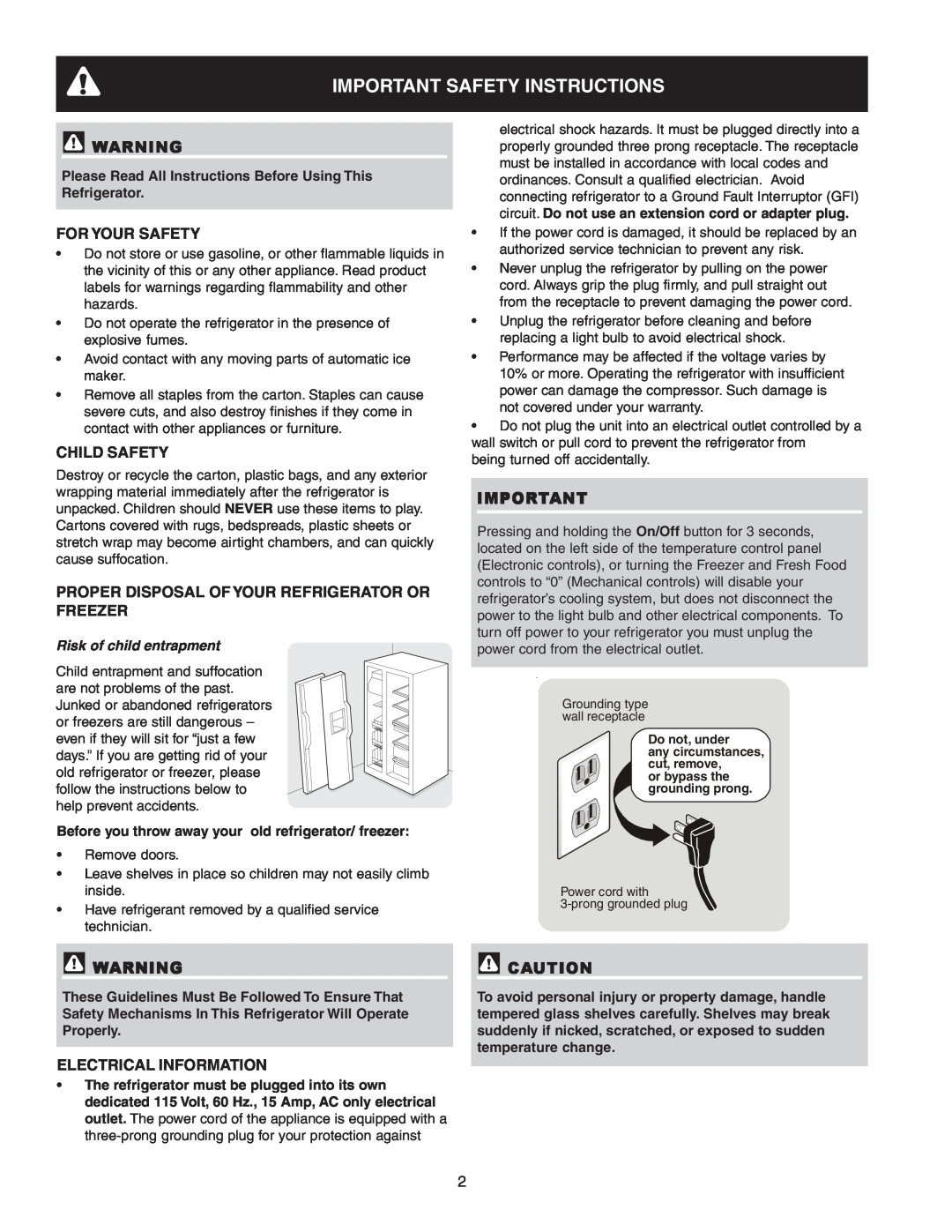 Frigidaire FRS6R3JW4 Important Safety Instructions, For Your Safety, Child Safety, Electrical Information 