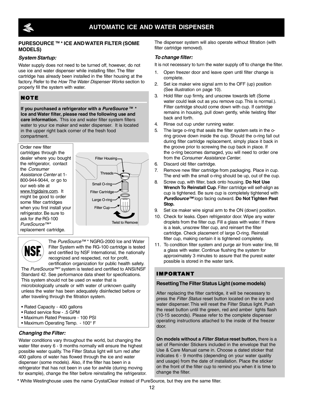 Frigidaire FRS23F4CQ2 manual Puresource TM * ICE and Water Filter Some Models, System Startup, Changing the Filter, Stop 