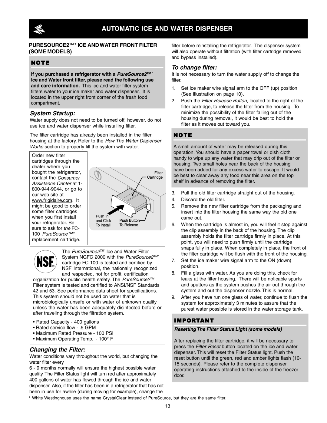 Frigidaire FRS23F4CW4, FRS6R5EMB1, FRS6R5EMB3, FRS6R5EMB0, FRS23F4CW5 PURESOURCE2TM * ICE and Water Front Filter Some Models 