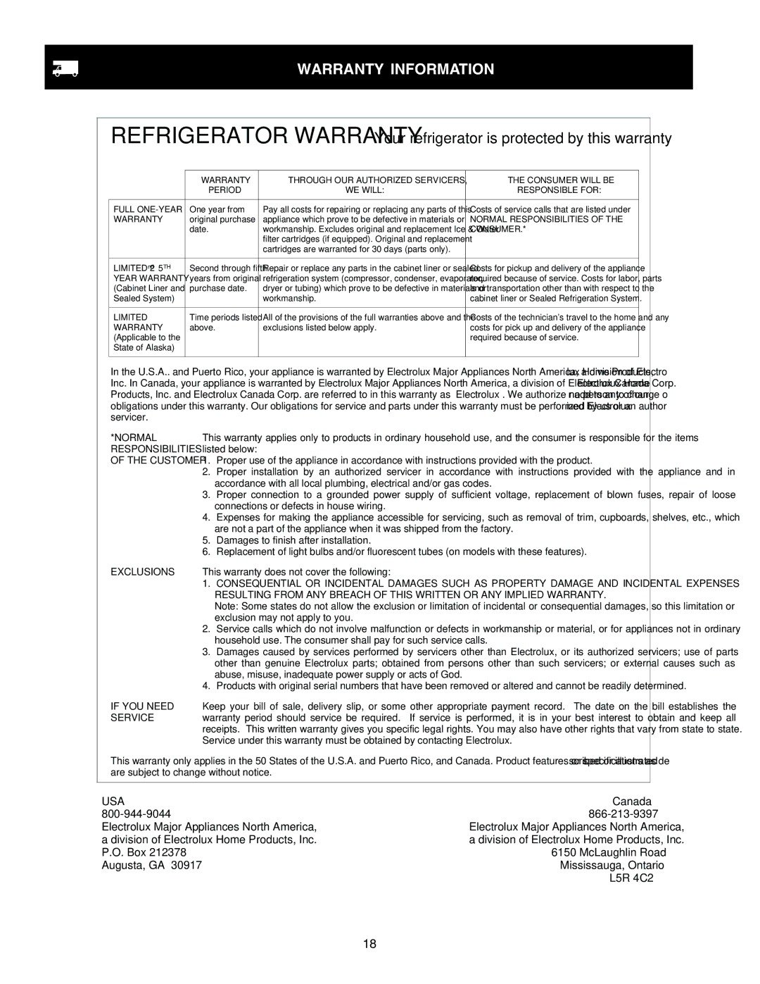 Frigidaire FRS23FCDQ0, FRS6R5EMB1, FRS6R5EMB3, FRS6R5EMB0, FRS23F4CW5, FRS23F4CW3, FRS23F4CB2 Warranty Information, Consumer 