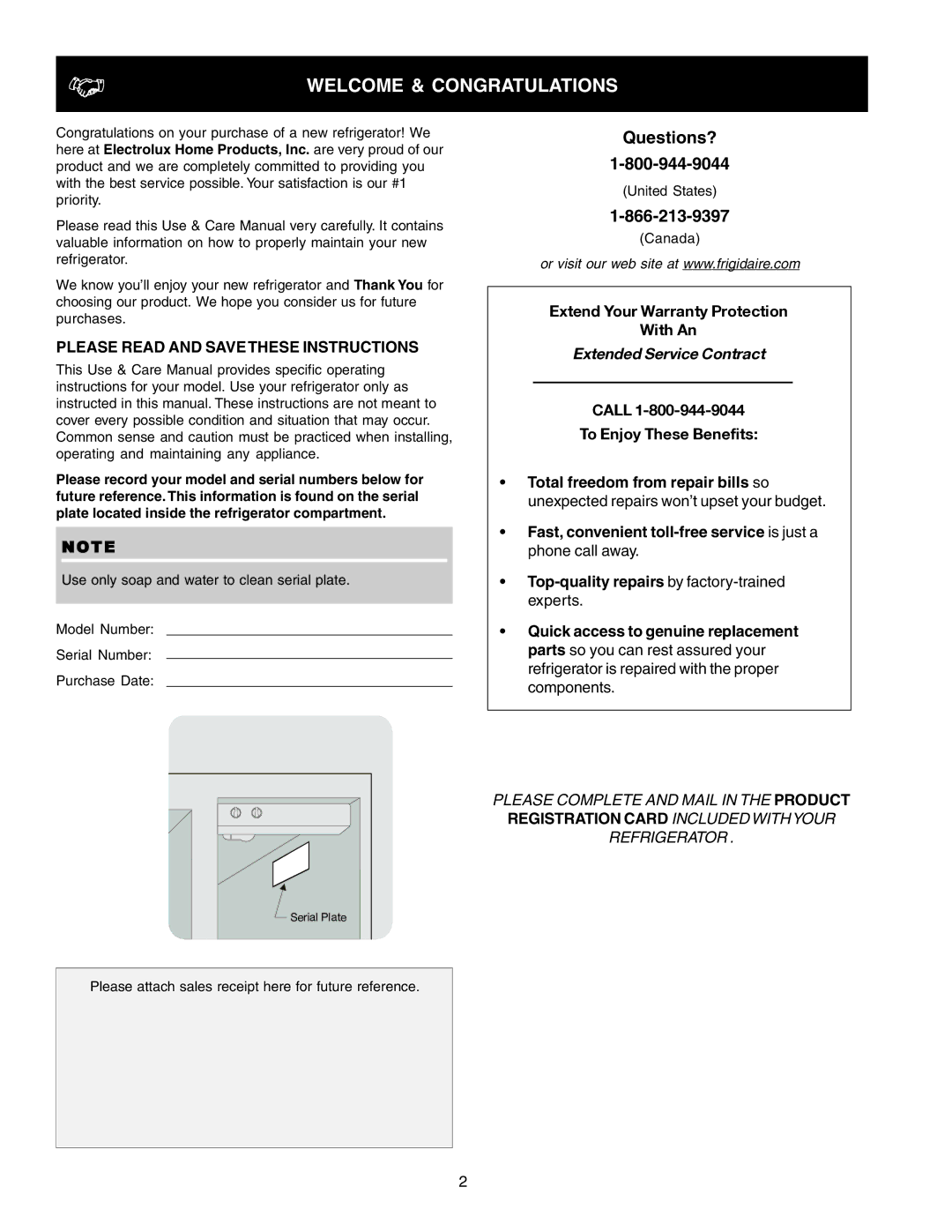 Frigidaire FRS6R5EMB0, FRS6R5EMB1, FRS6R5EMB3, FRS23F4CW5 Welcome & Congratulations, Please Read and Save These Instructions 