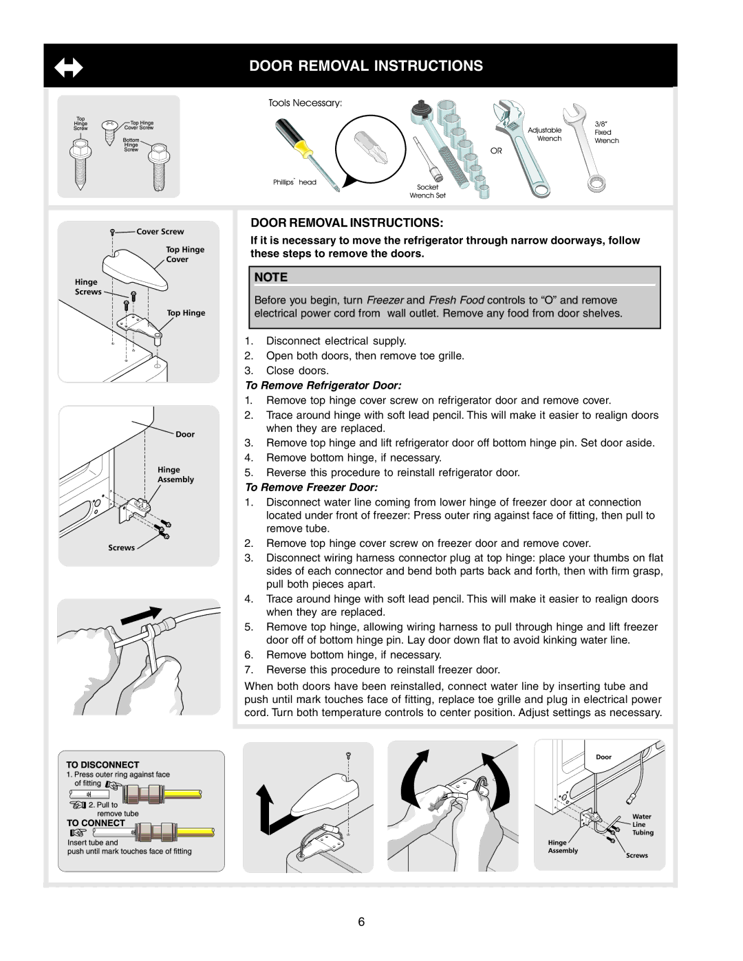 Frigidaire FRS23F4CB5, FRS6R5EMB1, FRS6R4EW2 Door Removal Instructions, To Remove Refrigerator Door, To Remove Freezer Door 