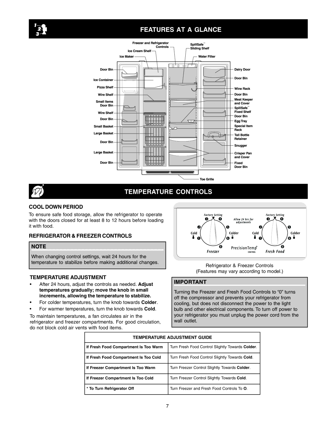 Frigidaire FRS23F4CB3 manual Features AT a Glance Temperature Controls, Cool Down Period, Refrigerator & Freezer Controls 