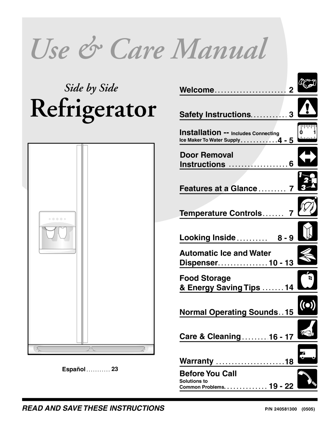 Frigidaire FRS6R5EMB3, FRS6R5EMB1, FRS6R5EMB0, FRS23F4CW5, FRS23F4CW3 manual Use & Care Manual, Refrigerator, Side by Side 
