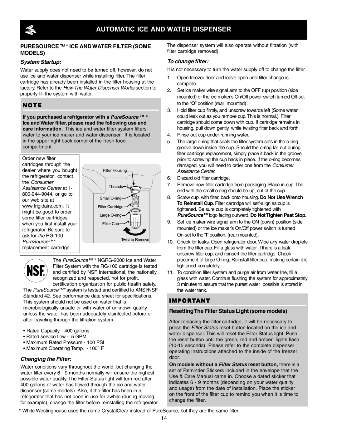 Frigidaire FRS23HF5AB4, FRS6R5ESB7 Puresource TM * ICE and Water Filter Some Models, System Startup, Changing the Filter 