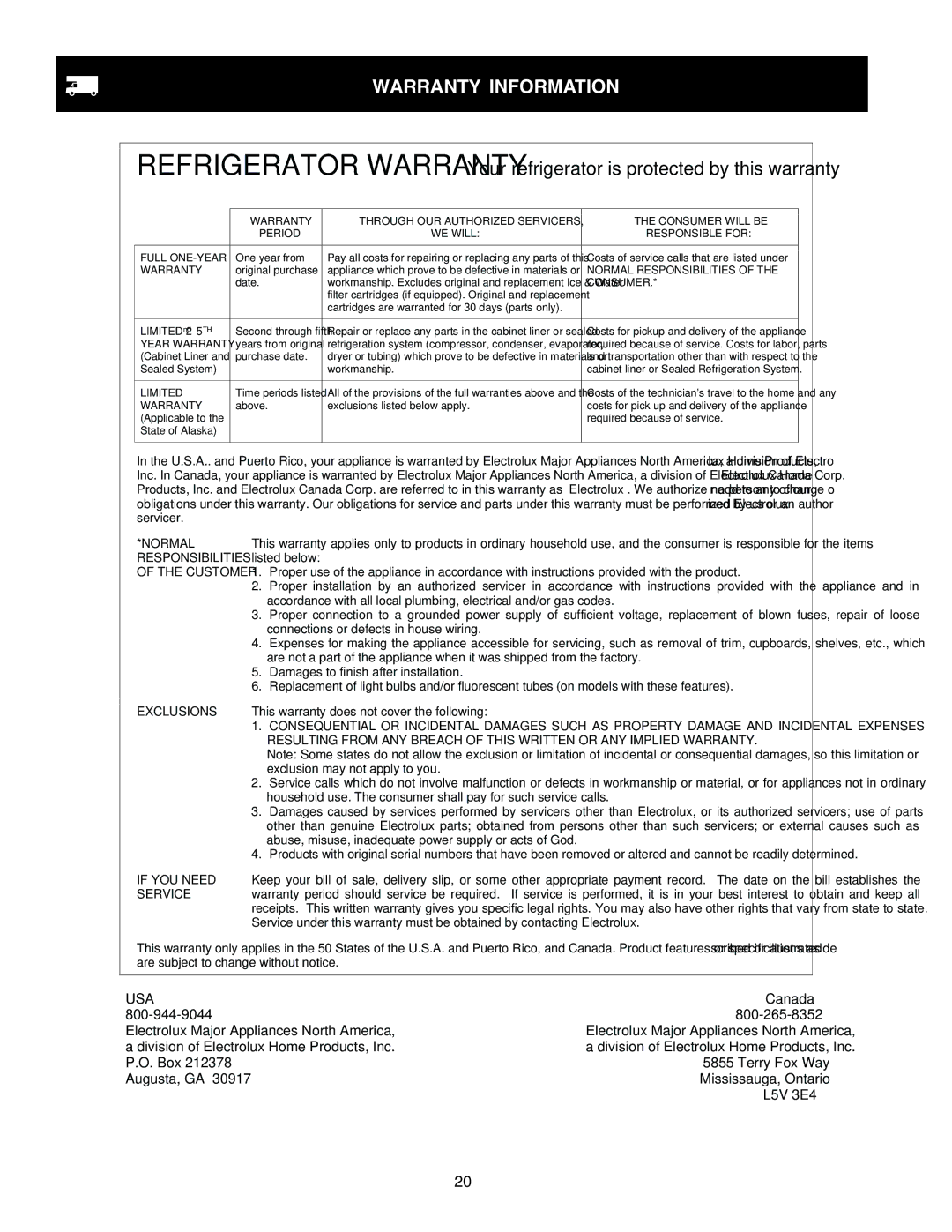 Frigidaire FRS23KF7AB4, FRS6R5ESB7, FRS6R5ESB2, FRS23F5AB4, FRS23F5AB5, FRS23F5AW5, FRS23F5AQ4 Warranty Information, Consumer 