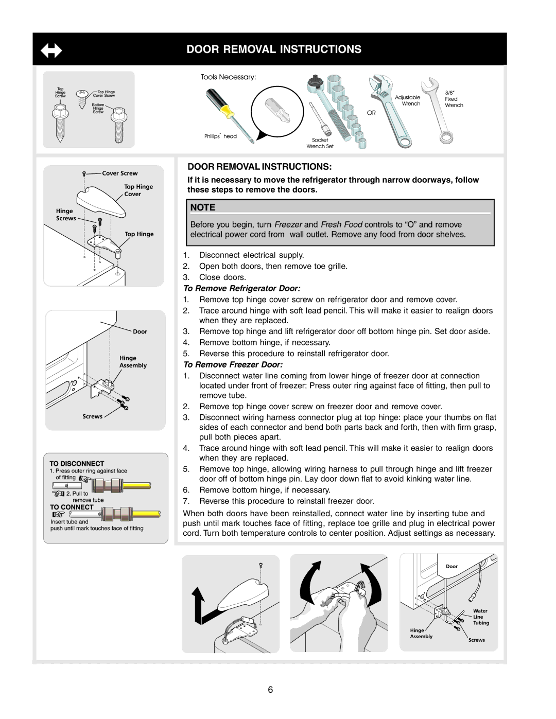 Frigidaire FRS23F5AW4, FRS6R5ESB7, FRS6R4EB3 Door Removal Instructions, To Remove Refrigerator Door, To Remove Freezer Door 