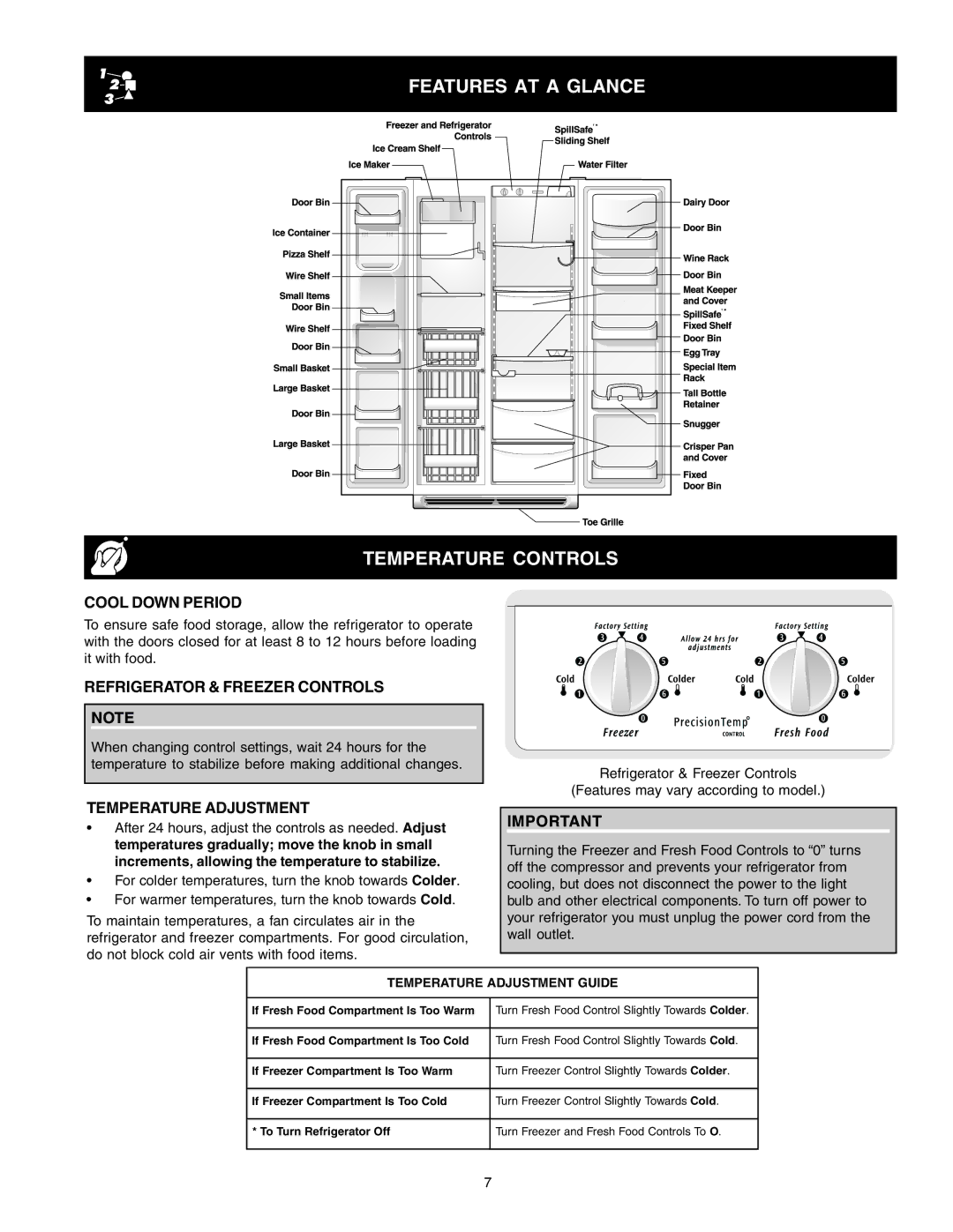 Frigidaire FRS23F5AQ5 warranty Features AT a Glance Temperature Controls, Cool Down Period, Refrigerator & Freezer Controls 