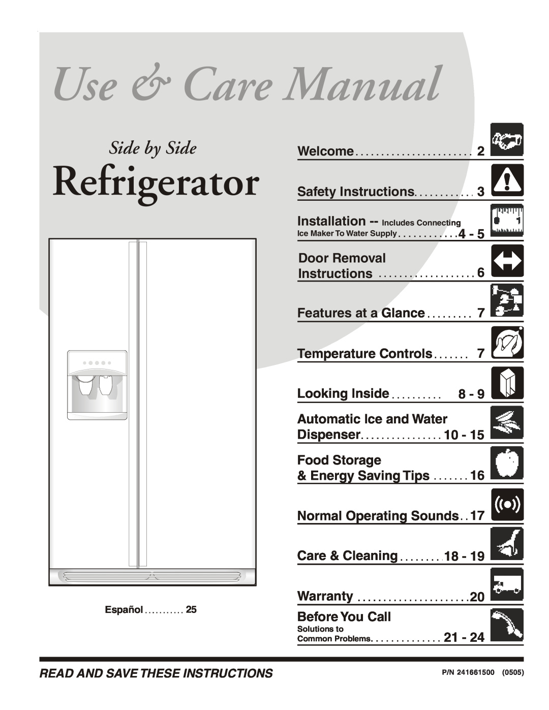 Frigidaire FRS6R5ESB2, FRS6R5ESB7, FRS23F5AB4, FRS23F5AB5, FRS23F5AW5 warranty Use & Care Manual, Refrigerator, Side by Side 