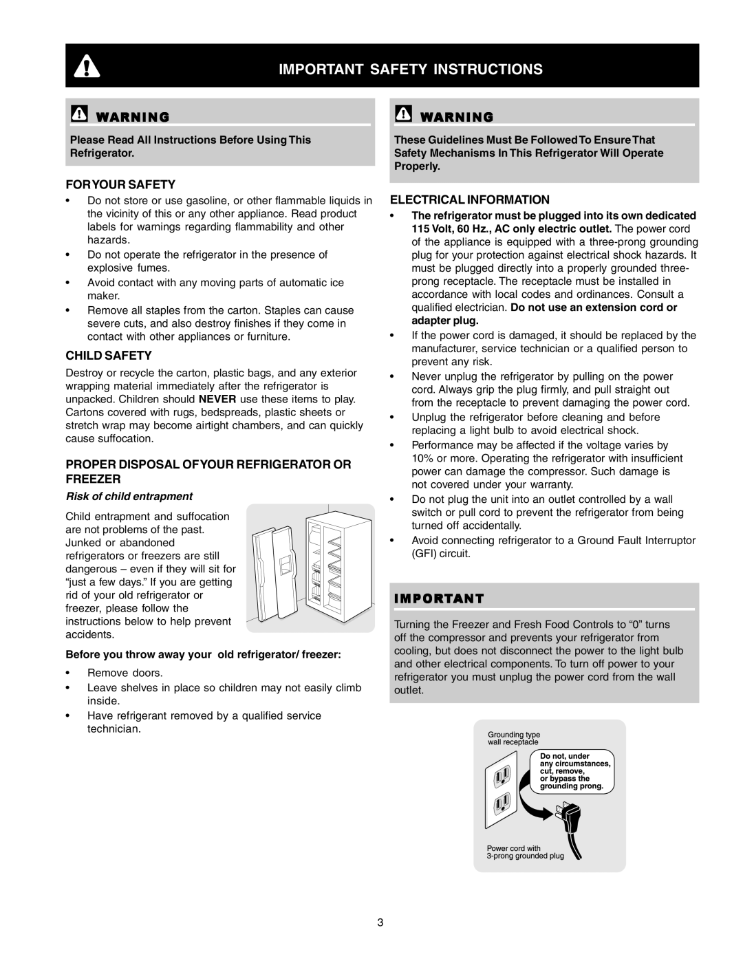 Frigidaire FRS23F5AB5, FRS6R5ESB7 Important Safety Instructions, Foryour Safety, Child Safety, Electrical Information 