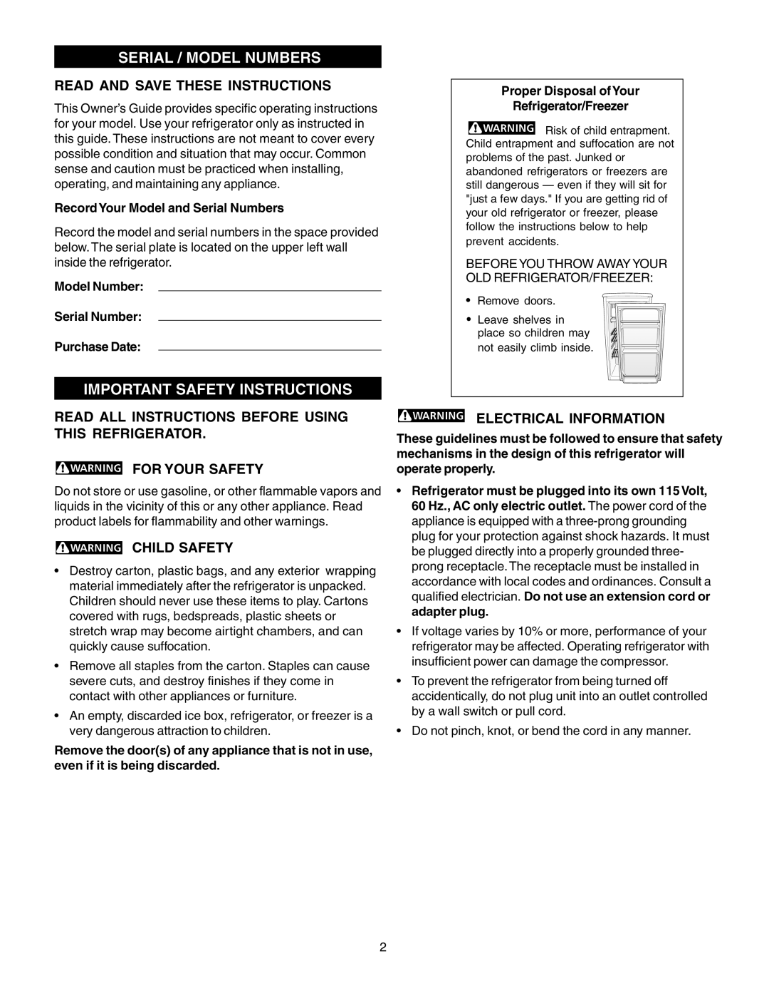 Frigidaire FRT105GW0 Serial / Model Numbers, Important Safety Instructions, Read and Save These Instructions, Child Safety 