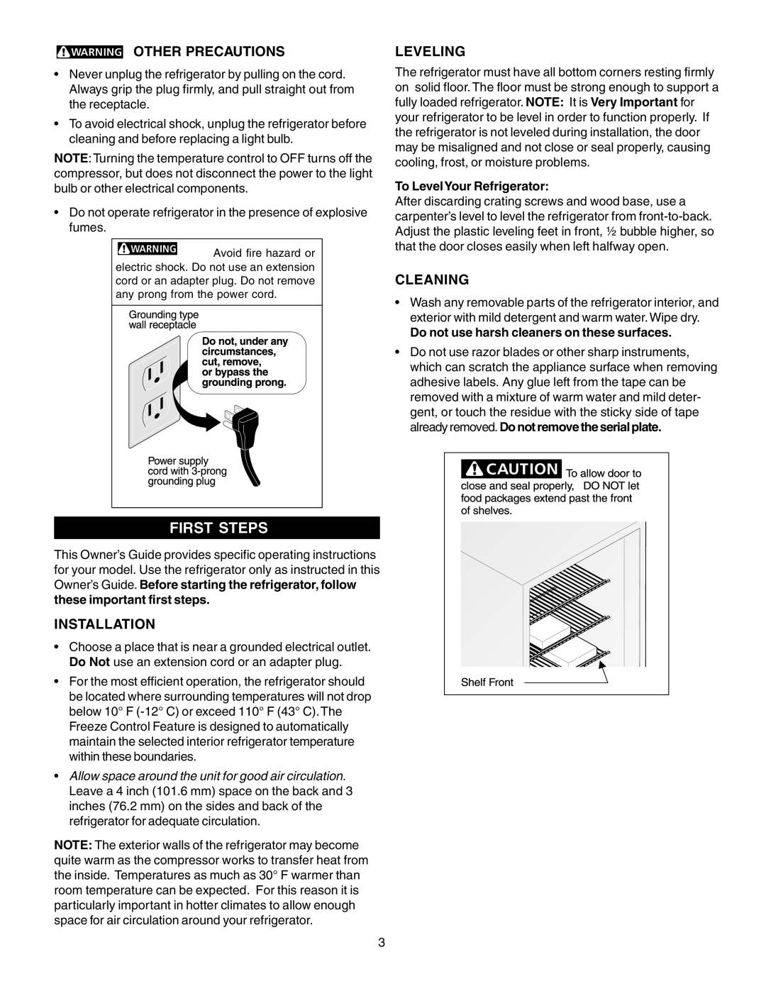 Frigidaire FRT105GW0 warranty First Steps, Other Precautions Leveling, Cleaning, Installation 