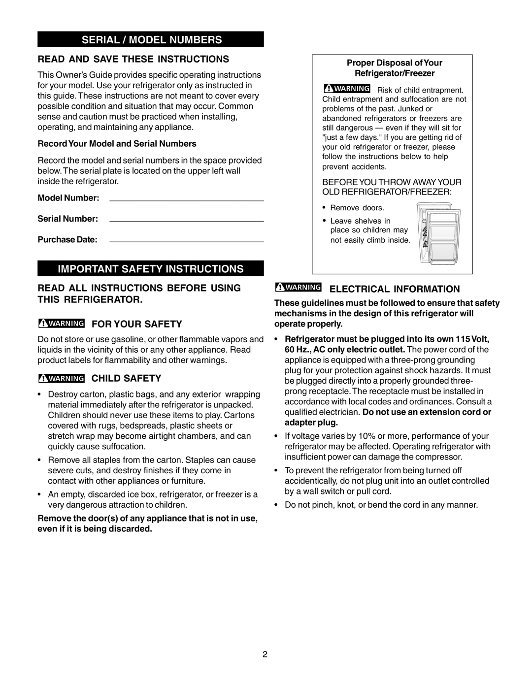 Frigidaire FRT105GW0 Serial / Model Numbers, Important Safety Instructions, Read And Save These Instructions, Child Safety 