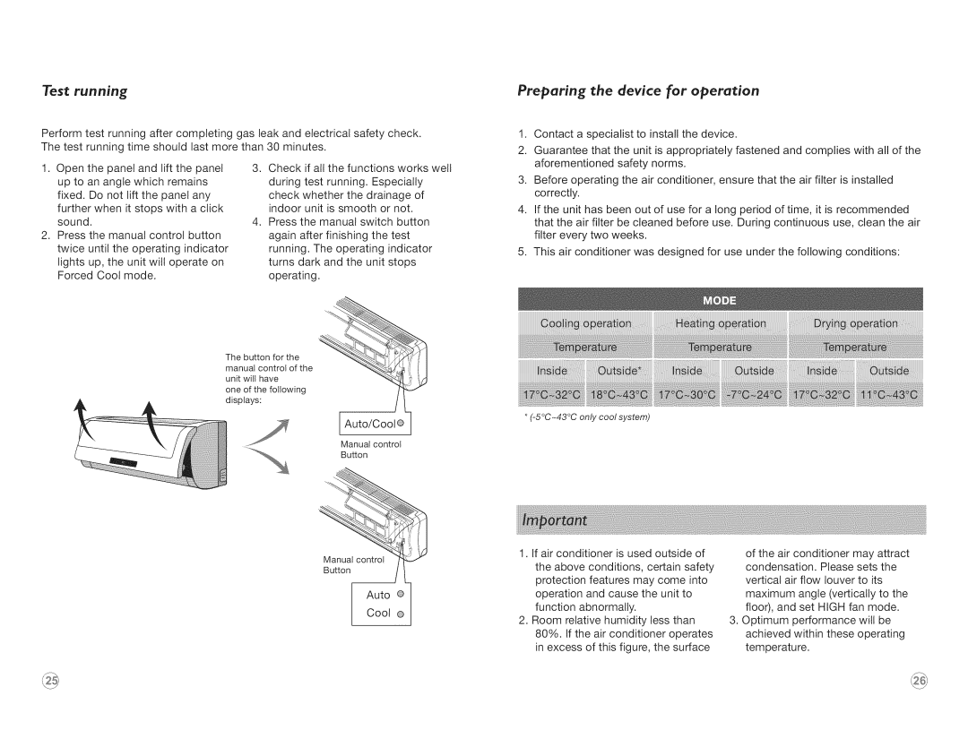 Frigidaire FSC12CH7M, FSC18CH8MV, FSC12CH8MV, FSC24CH7M, FSC24CH8M Test running, Preparing the device for operation 