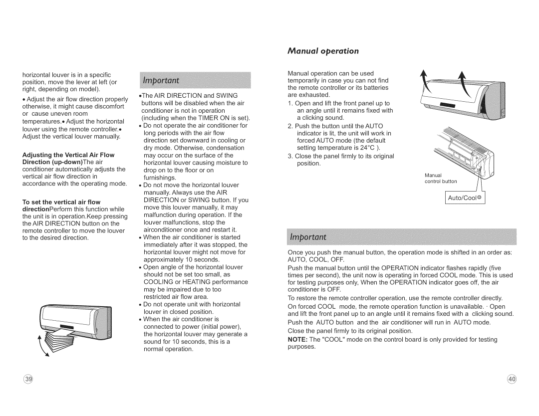 Frigidaire FSC09CH8MV, FSC12CH8M, FSC18CH8MV Manual operation, Adjusting the Vertical Air Flow Direction up=downThe air 