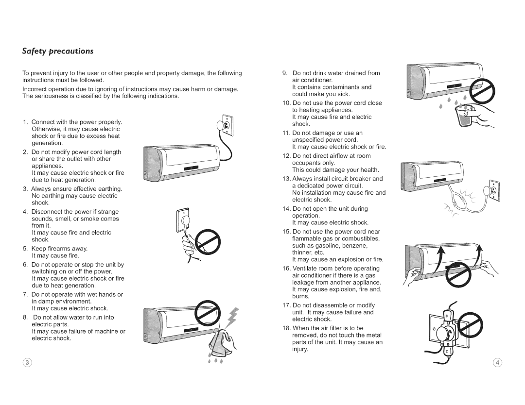 Frigidaire FSC24CH7M, FSC18CH8MV, FSC12CH8MV, FSC24CH8M, FSC09CH8MV, FSC12CH7M, FSC09CH7M owner manual Safety precautions 