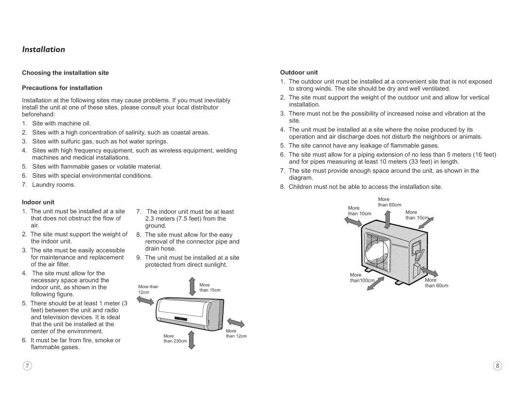 Frigidaire FSC09CH8MV, FSC12CH8M, FSC18CH8MV Installation, Choosing the installation site Precautions for installation 