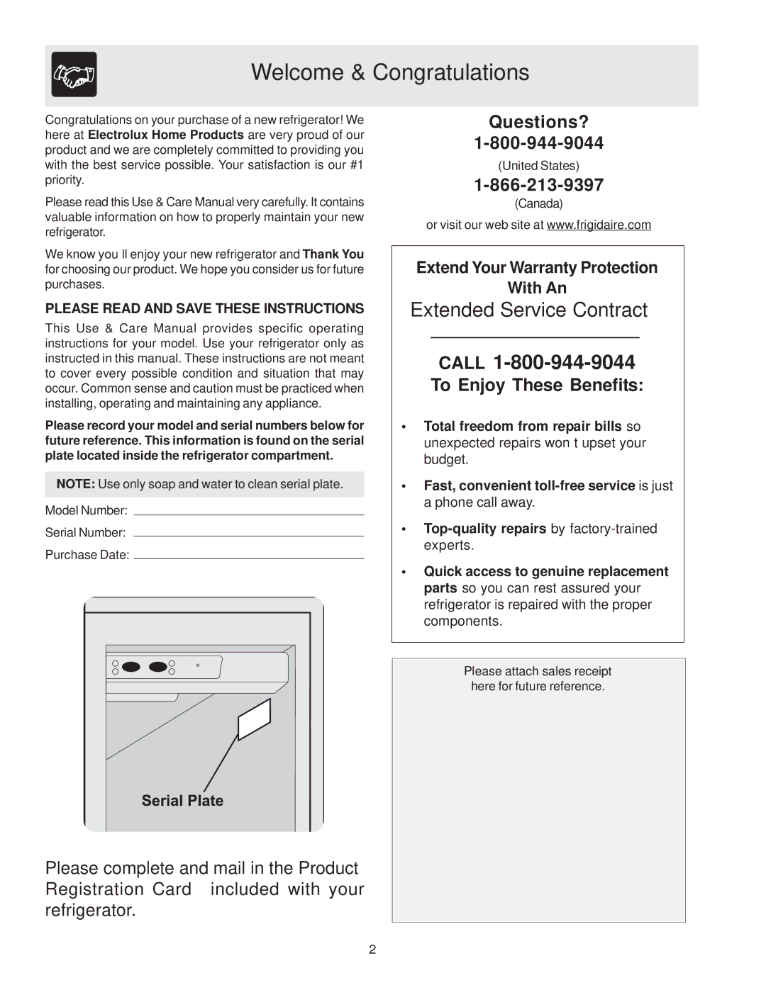 Frigidaire FSC23F7DSB0, FSC23BBDSB0, FSC23F7DB0 manual Welcome & Congratulations, Please Read and Save These Instructions 