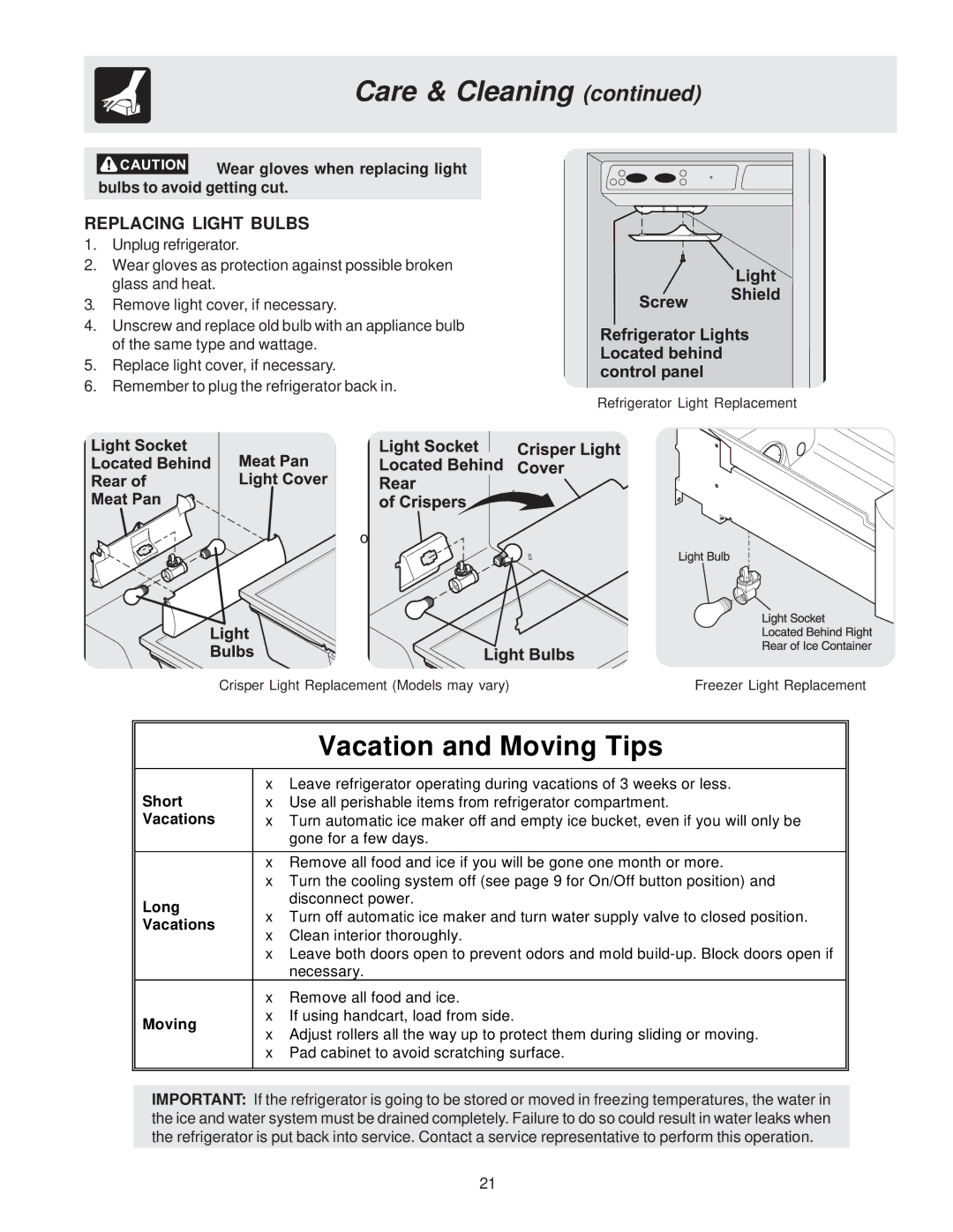 Frigidaire FSC23F7DB0, FSC23BBDSB0, FSC23F7DSB0, FSC23BBDSB1, FSC23F7DSB1 Vacation and Moving Tips, Replacing Light Bulbs 
