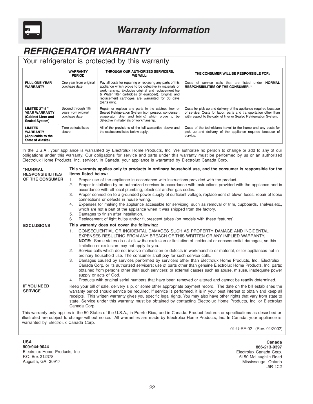 Frigidaire FSC23F7DSB0, FSC23BBDSB0, FSC23F7DB0, FSC23BBDSB1, FSC23F7DSB1 manual Warranty Information, Refrigerator Warranty 