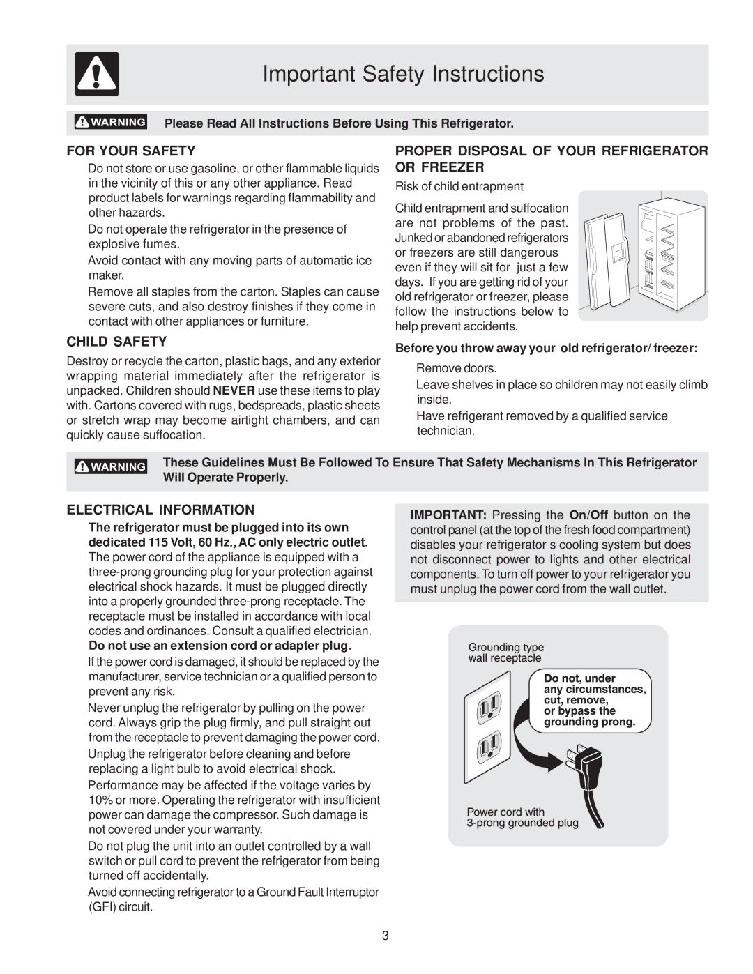 Frigidaire FSC23BBDSB1 Important Safety Instructions, For Your Safety, Proper Disposal of Your Refrigerator or Freezer 