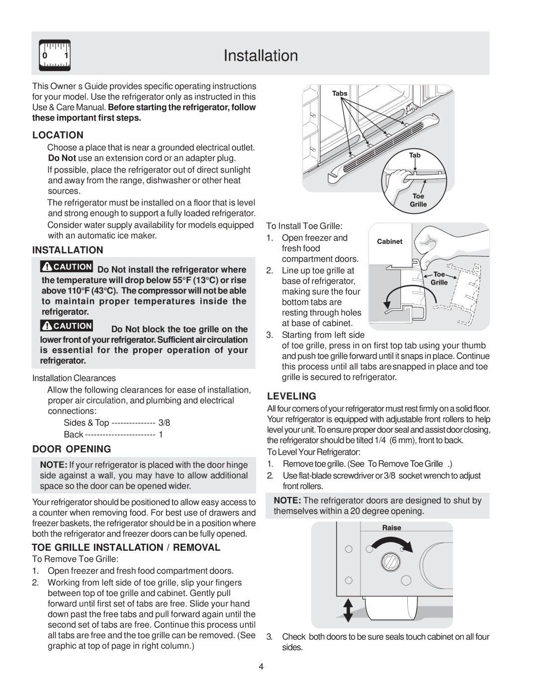 Frigidaire FSC23F7DSB1, FSC23BBDSB0, FSC23F7DB0, FSC23F7DSB0, FSC23BBDSB1 manual Installation 