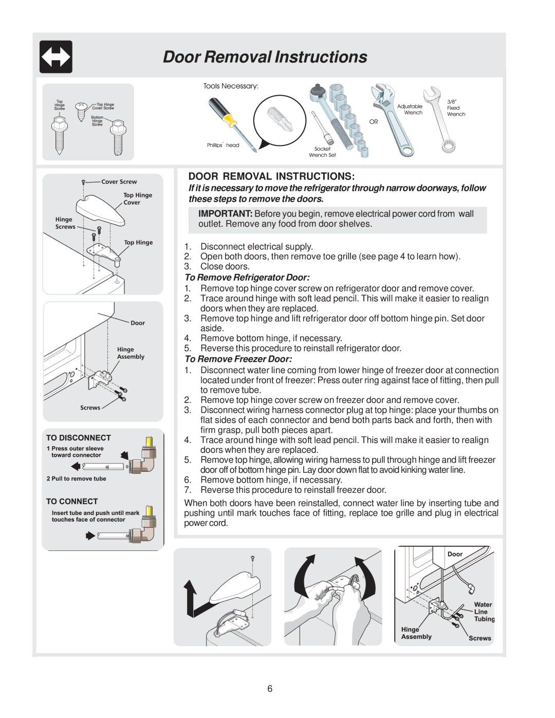 Frigidaire FSC23F7DB0, FSC23BBDSB0 manual Door Removal Instructions, To Remove Refrigerator Door, To Remove Freezer Door 