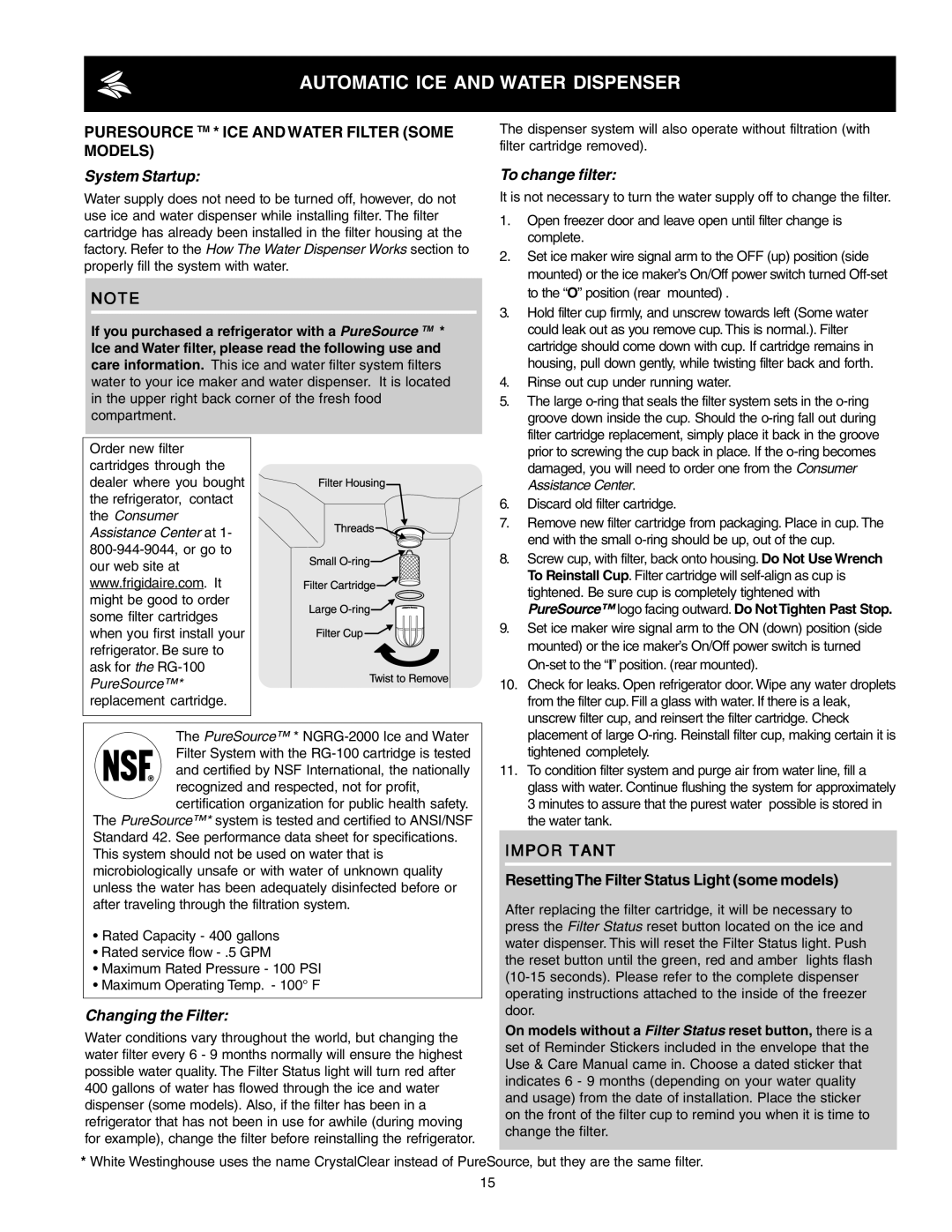 Frigidaire FRS6L7EES9, FSC23R5DSB7, FSC23R5DW7, FSC23R5DW5 Puresource TM * ICE and Water Filter Some Models, System Startup 