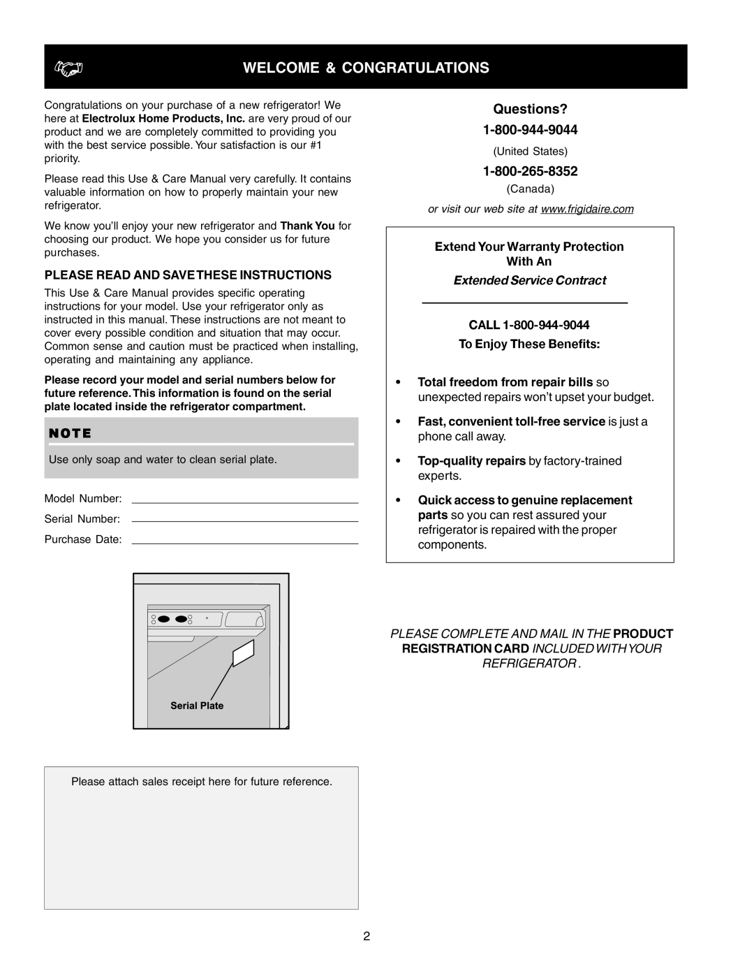 Frigidaire FSC23R5DW5, FSC23R5DSB7, FSC23R5DW7, FSC23R5DB5 Welcome & Congratulations, Please Read and Savethese Instructions 