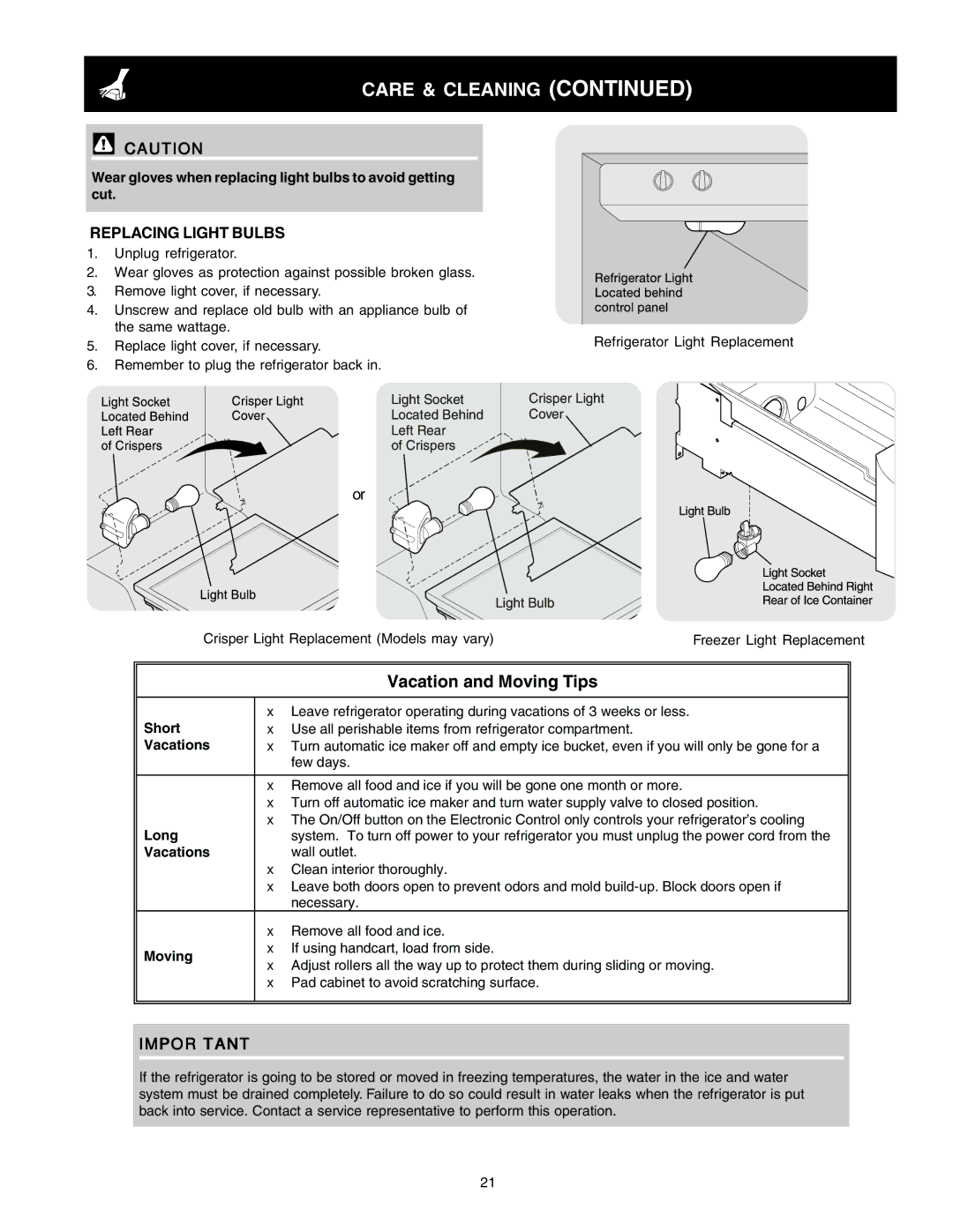 Frigidaire FRS6B6EEB5, FSC23R5DSB7, FSC23R5DW7, FSC23R5DW5, FSC23R5DSB5, FSC23R5DSBN, FSC23R5DSB9 warranty Replacing Light Bulbs 