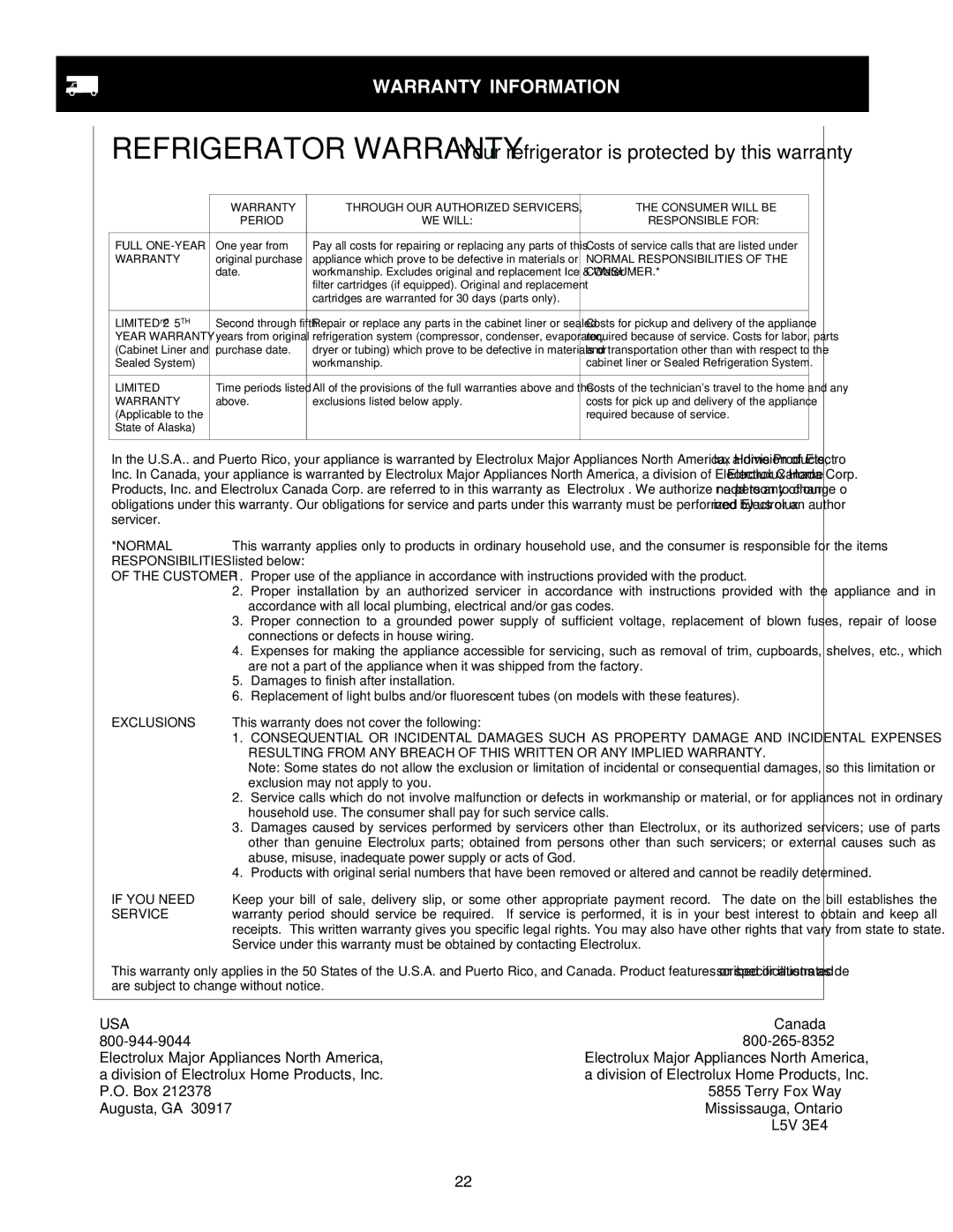 Frigidaire FRS6B6EEB7, FSC23R5DSB7, FSC23R5DW7, FSC23R5DW5, FSC23R5DSB5, FSC23R5DSBN, FSC23R5DB5 Warranty Information, Consumer 