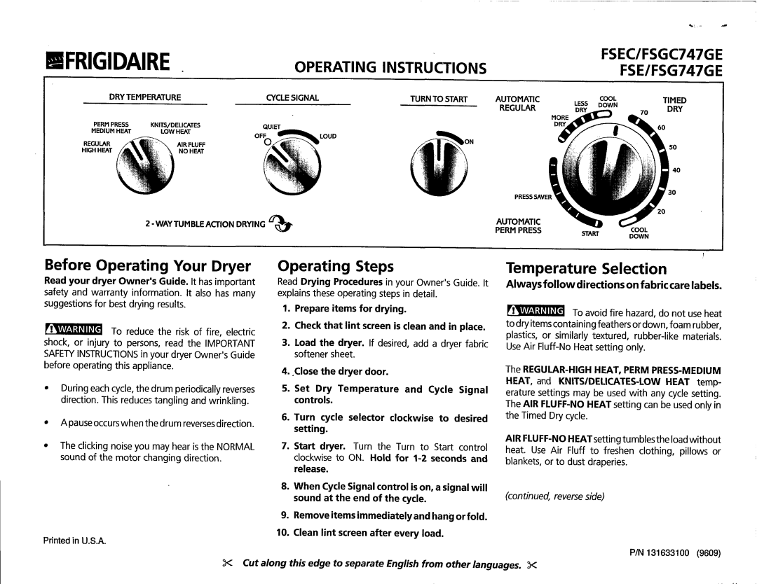 Frigidaire FSEC/FSGC747GE manual 