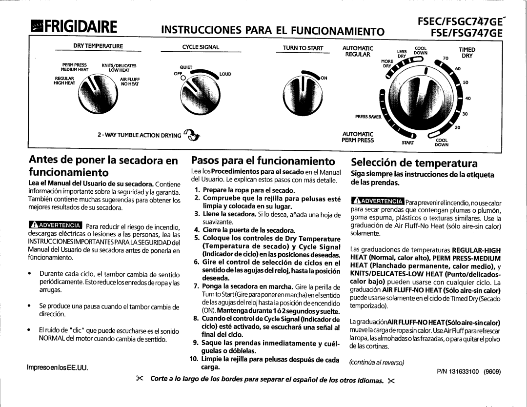 Frigidaire FSEC/FSGC747GE manual 