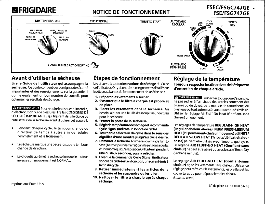 Frigidaire FSEC/FSGC747GE manual 