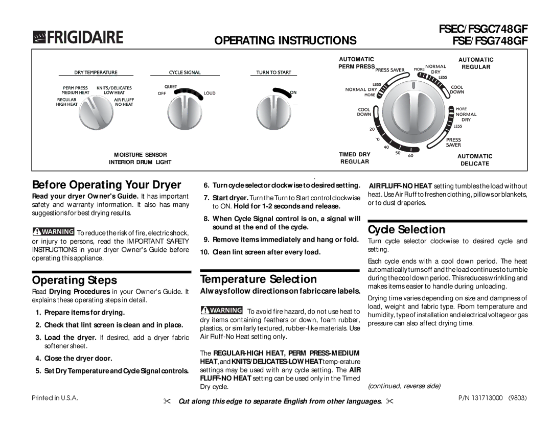 Frigidaire FSE/FSG748GF operating instructions Before Operating Your Dryer, Operating Steps, Temperature Selection 