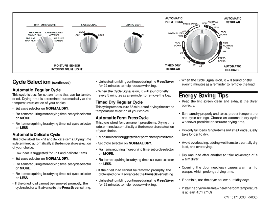 Frigidaire FSEC/FSGC748GF Energy Saving Tips, Automatic Regular Cycle, Automatic Delicate Cycle, Timed Dry Regular Cycle 