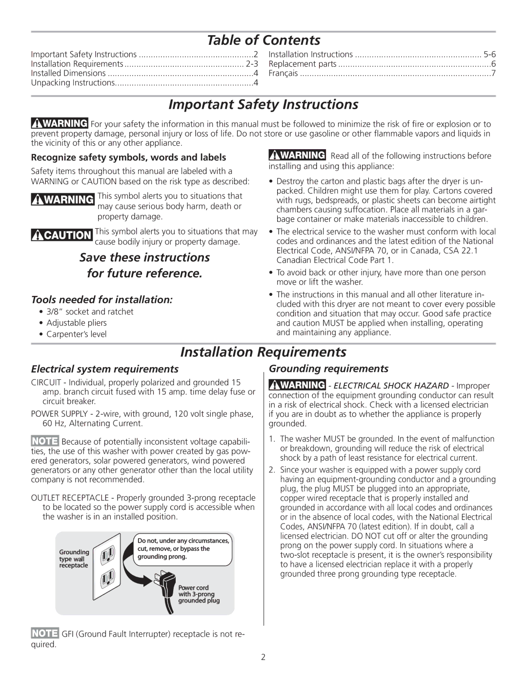 Frigidaire FTW3014KW, 137153100A (0903) Table of Contents, Important Safety Instructions, Installation Requirements 