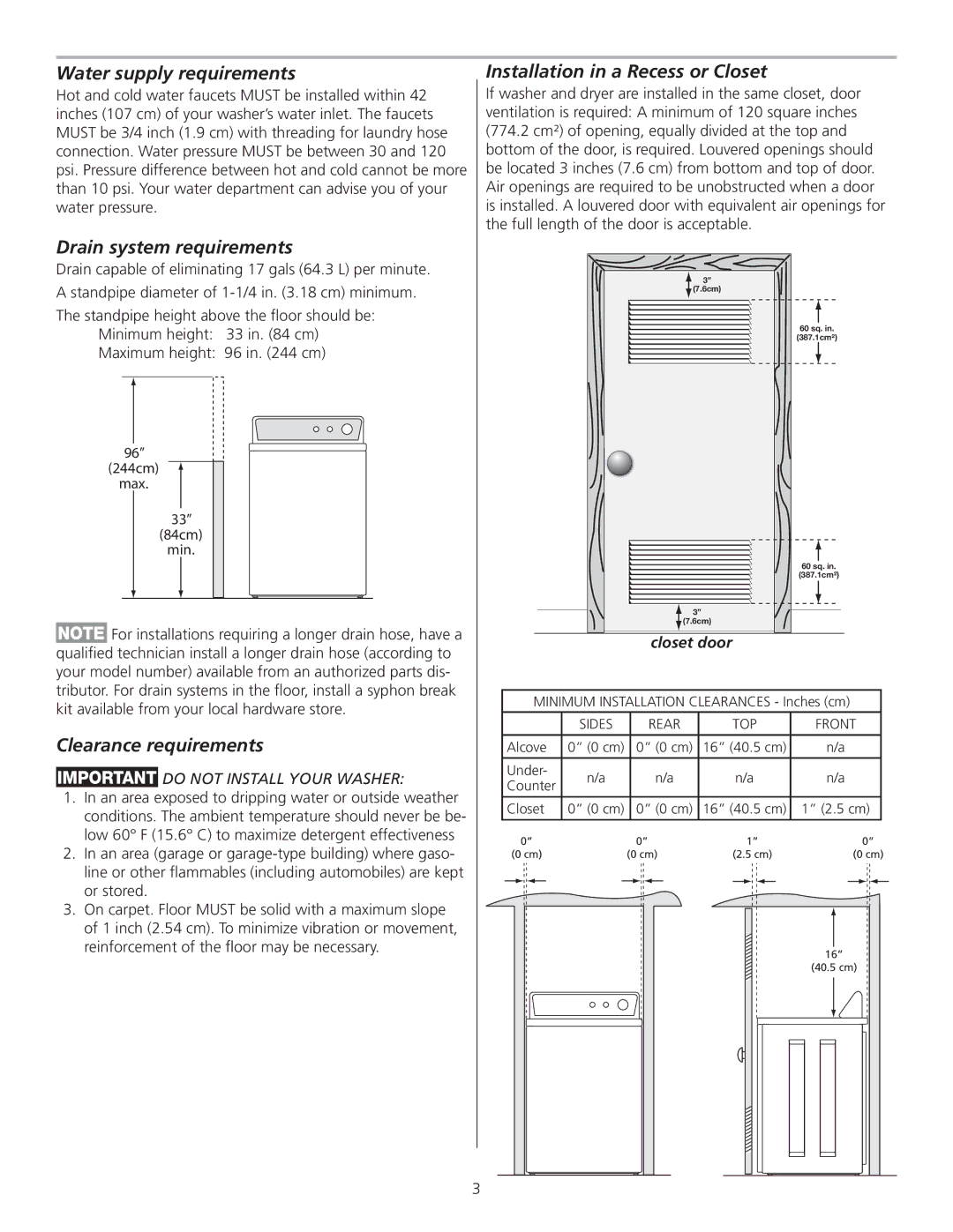 Frigidaire 137153100A (0903), FTW3014KW Water supply requirements, Drain system requirements, Clearance requirements 