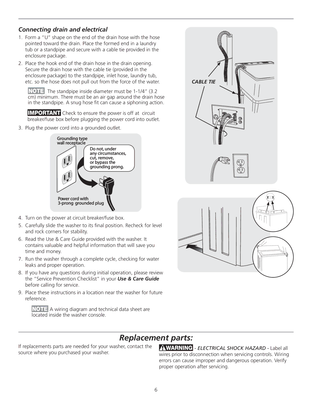 Frigidaire FTW3014KW, 137153100A (0903) installation instructions Replacement parts, Connecting drain and electrical 