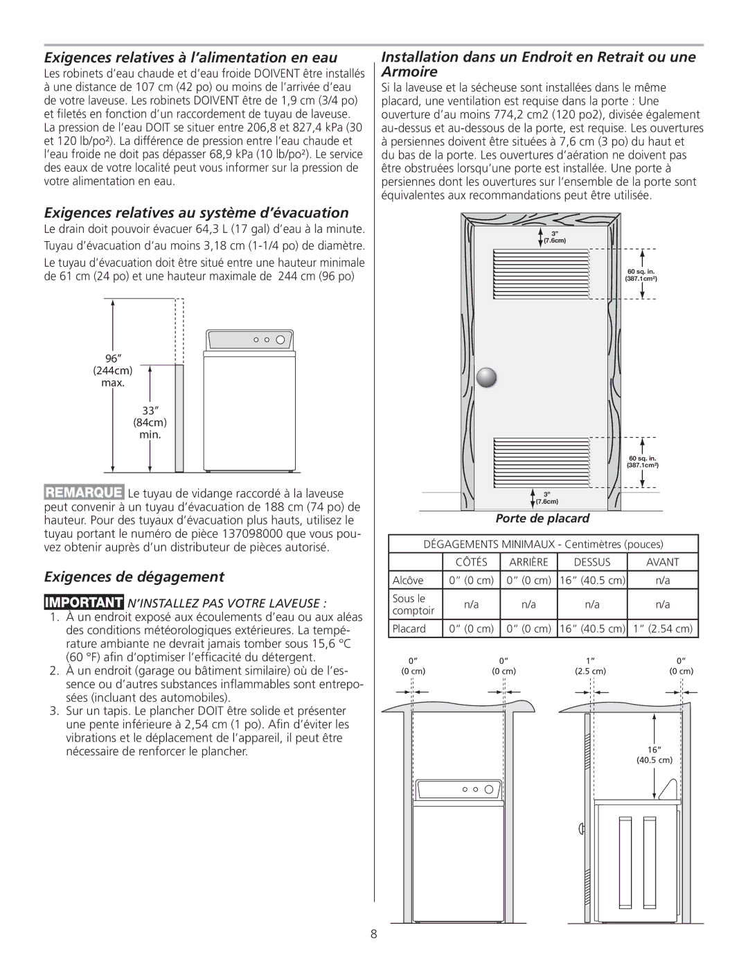 Frigidaire FTW3014KW Exigences relatives à l’alimentation en eau, Exigences relatives au système d’évacuation 