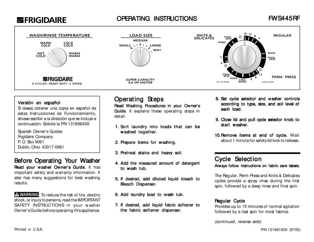 Frigidaire FWS445RF operating instructions Operating Steps, Before Operating Your Washer, Cycle Selection, Regular Cycle 