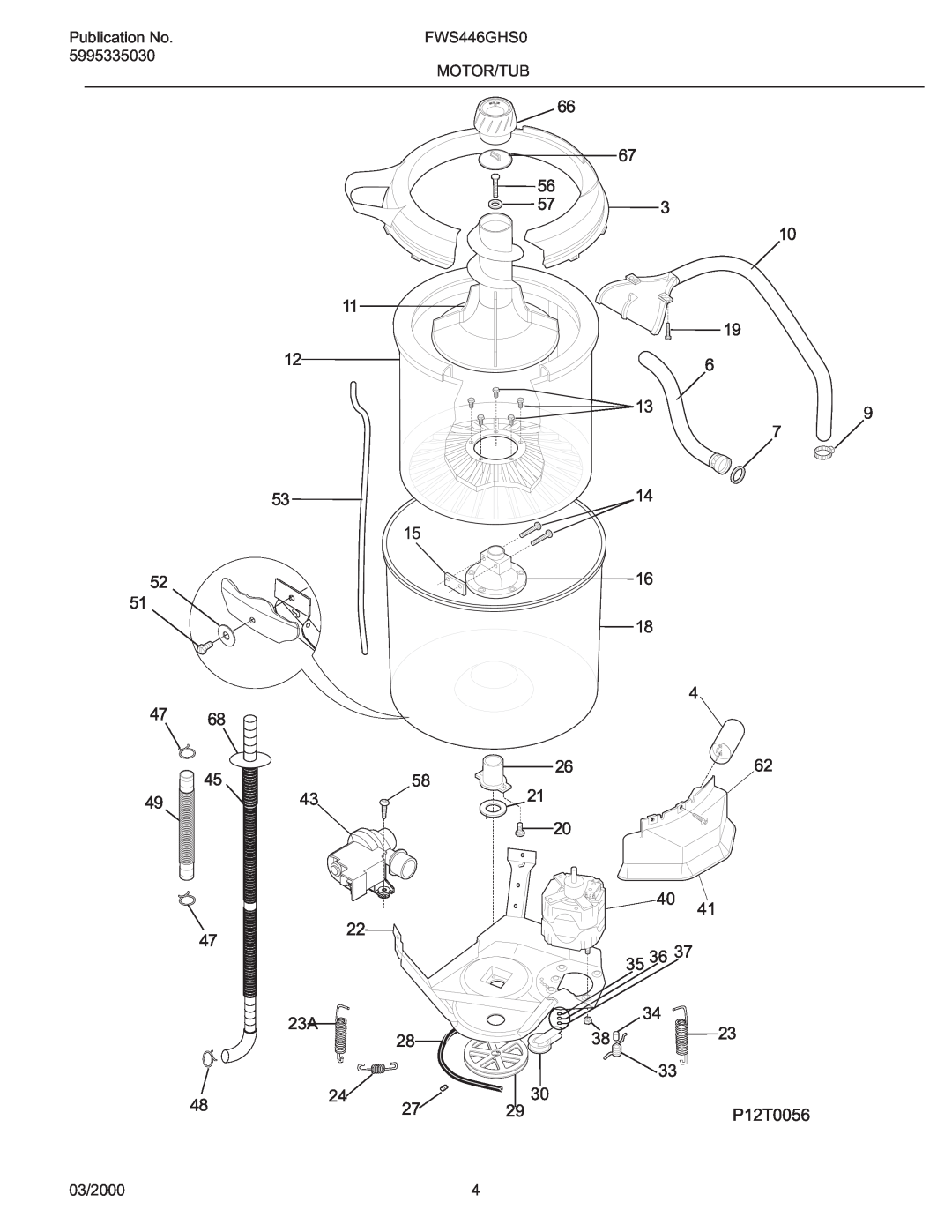 Frigidaire FWS446GHS0 manual Motor/Tub, Publication No, 5995335030, 03/2000 